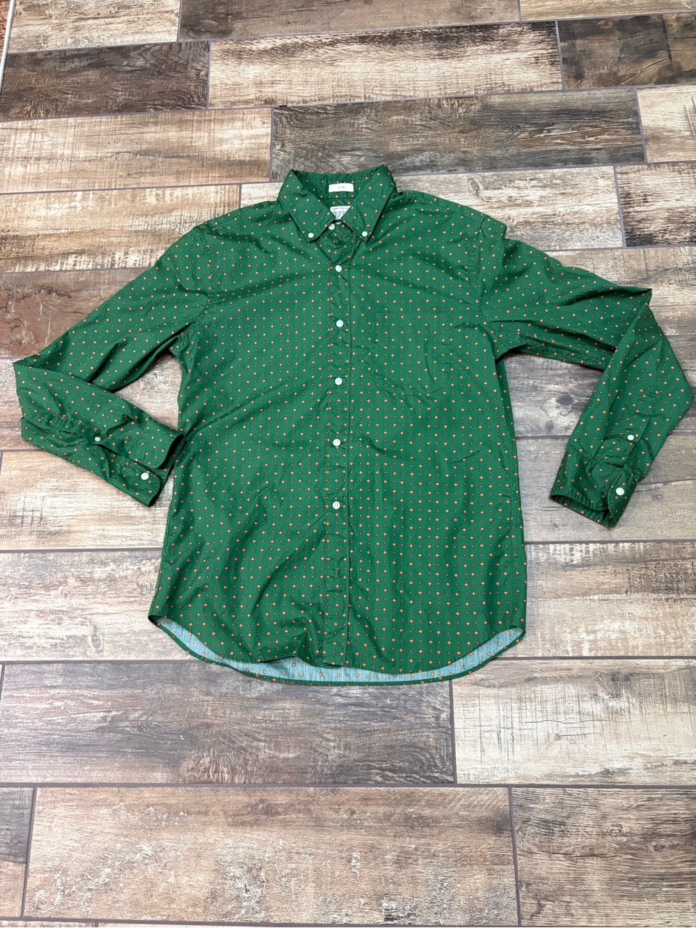 J. Crew Green Button-Down Shirt with Tiny Gold Dot Print